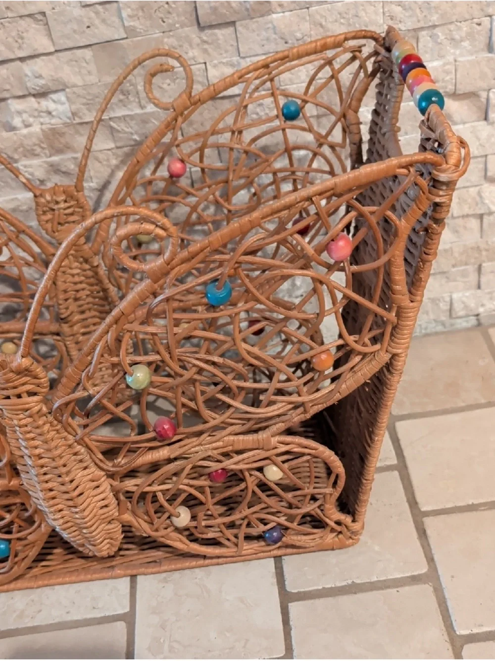 VTG Rare Wood Rattan Bamboo Butterfly Beaded Magazine Rack Holder MCM BOHO